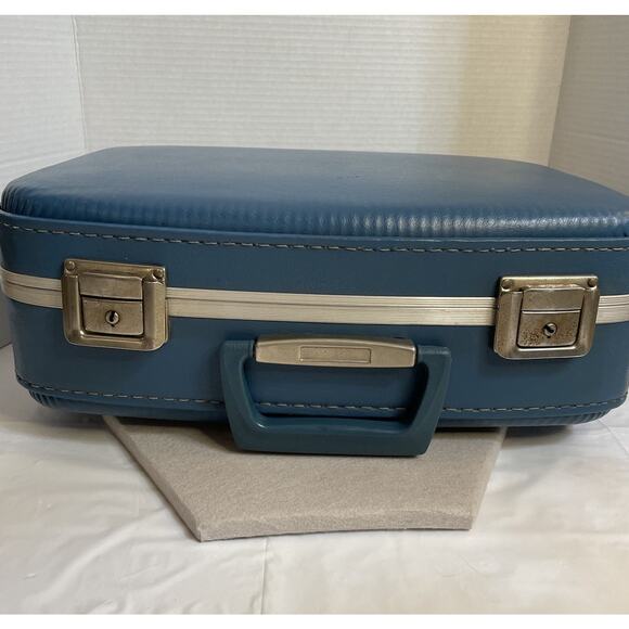 Vtg Blue Luggage Suitcase Mid-Century Hard Shell No Keys - Picture 2 of 16